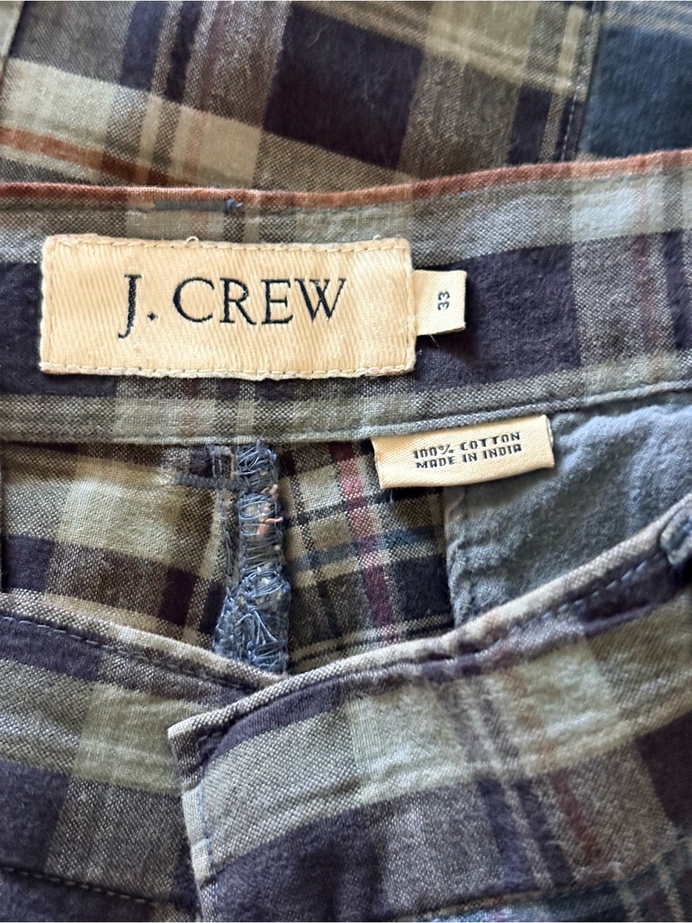J.Crew Patchwork Madras Blue Plaid Field Flat Front 100% CottonShorts | Size 33 - Picture 4 of 4